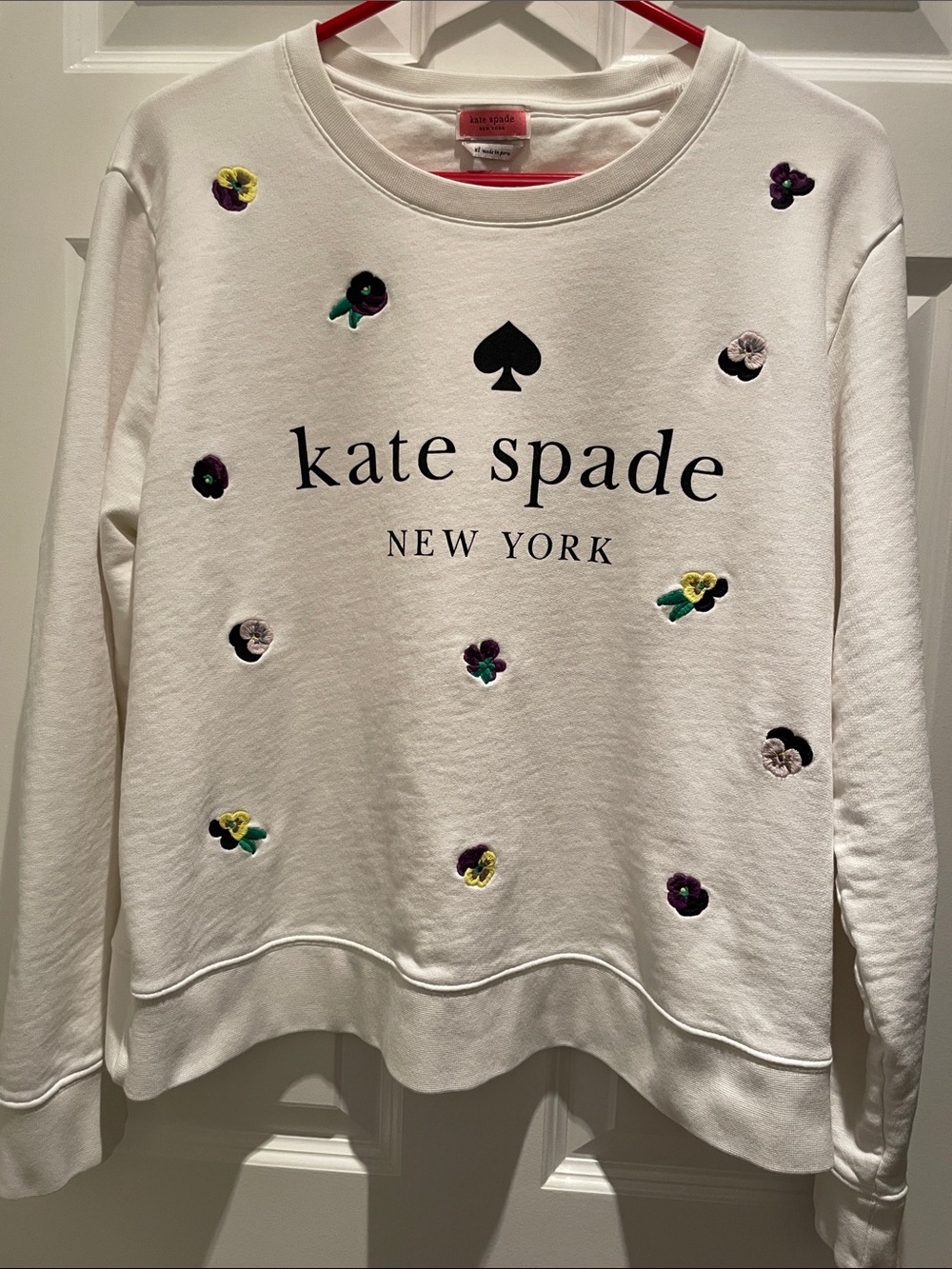 Kate Spade White Sweatshirt, 100% Cotton, with Purple/Yellow Pansies, size XL
